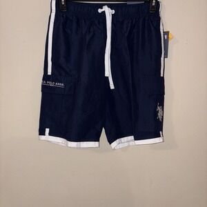 NWT U.S. Polo Assn. Men's Blue Cargo Swim Trunks with White Insets Size Small